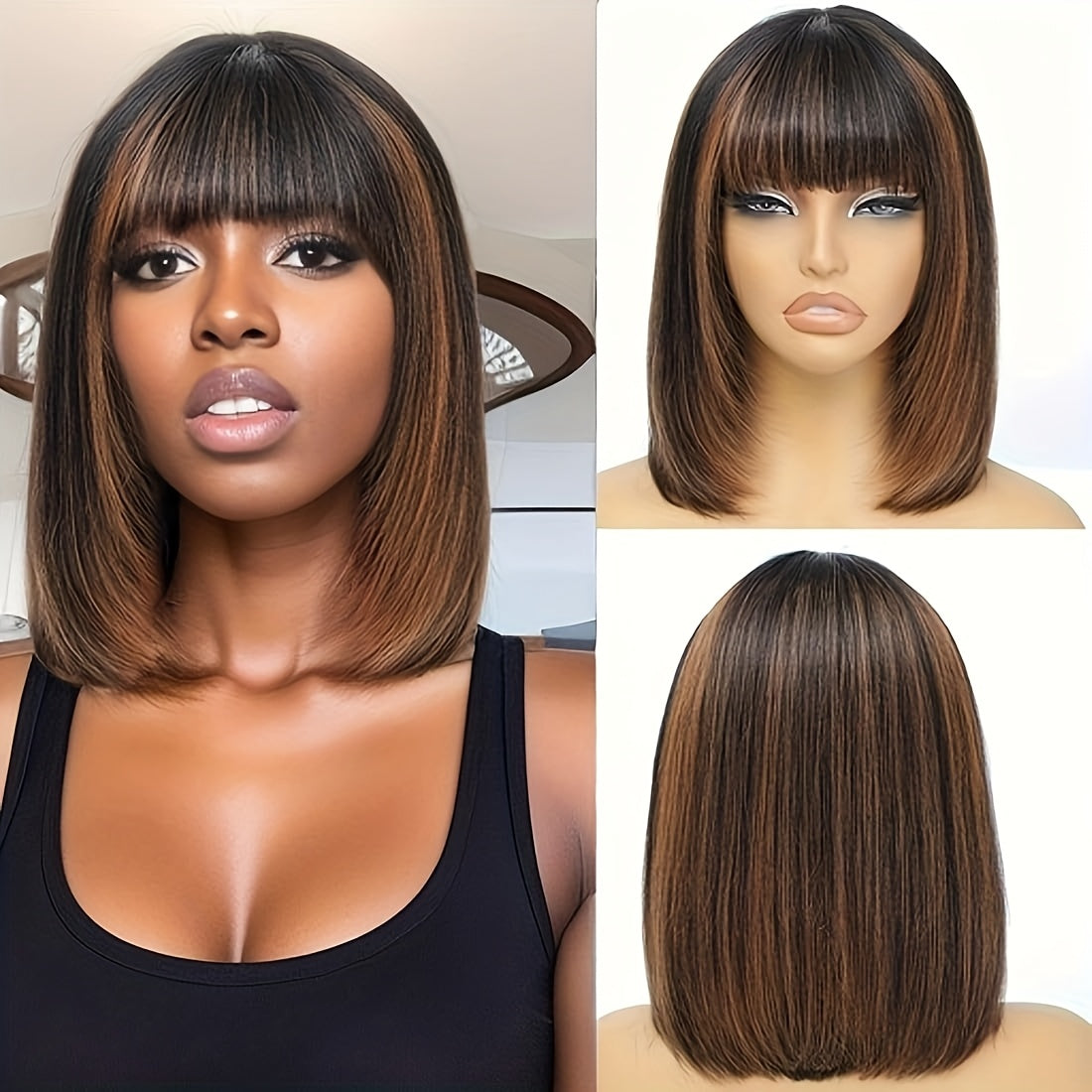 Ombre Bob Wig Human Hair With Bangs Highlight Ombre Wigs Human Hair Pre Plucked 4/27 3X0.6 Blunt Short Bob Glueless Balayage Wig Human Hair 12 Inch Colored Human Hair Bob Wig For Woman